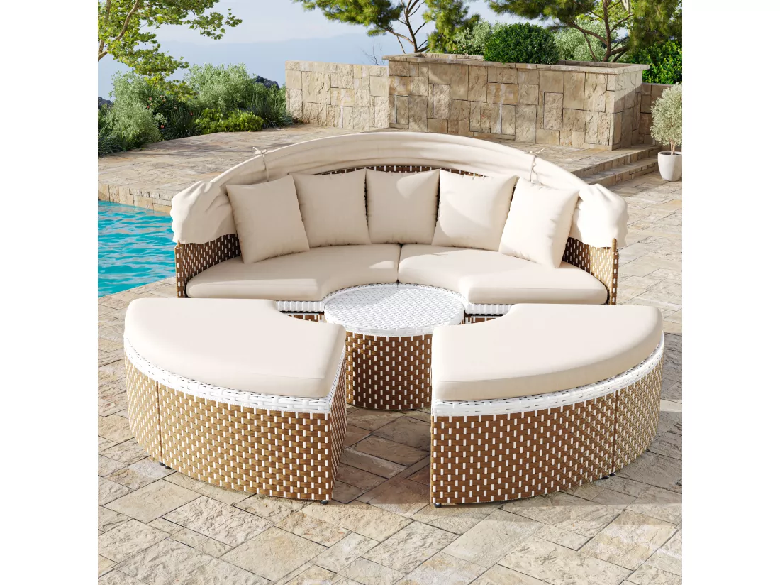 Ensemble de chaises longues de jardin, Sun Island, ensemble table et chaises de jardin, auvent extensible, plateau de table relevable, beige
