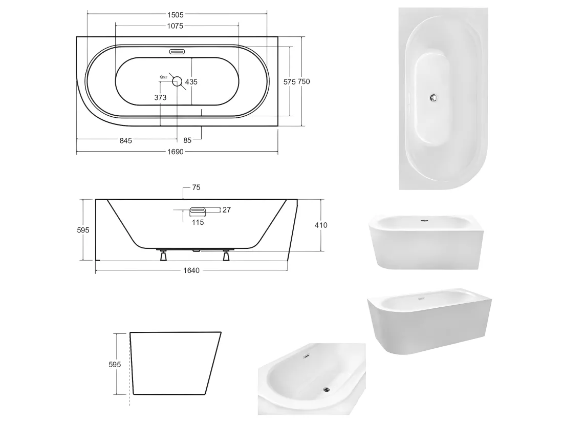 Baignoire d'angle Blanc + Siphon Chrome et Vidage inclus + Repose tête - AVITA S CLASSE - DROITE - 170 x 75 cm