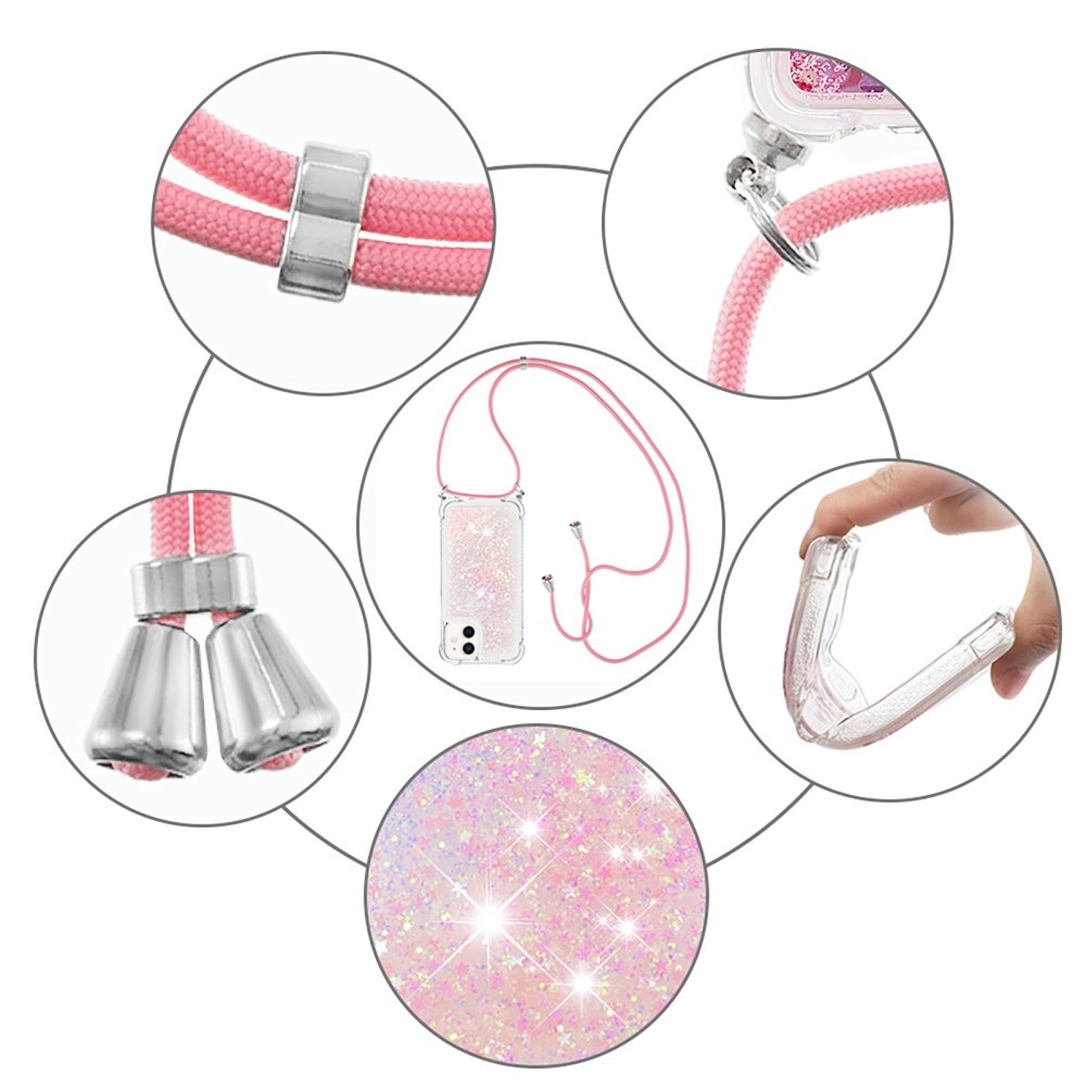 iPhone 12 / iPhone 12 Pro Necklace Gummi Hülle Liquid Glitzer   Handykette (130cm) - Rosa