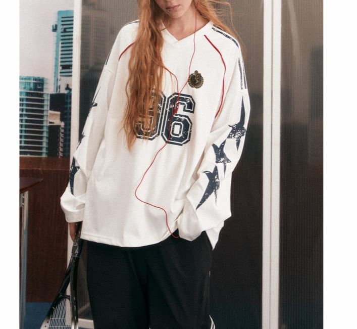Rosesand - Sweatshirt met lange mouwen en V-hals, sterrenprint en nummerprint, losvallend model