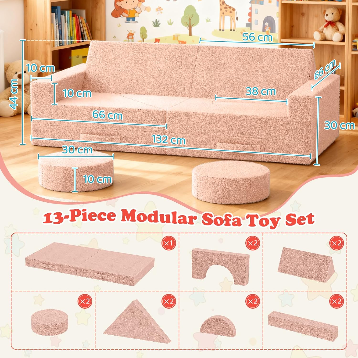 Suhu Spielsofa für Kinder Kindercouch Abnehmbar Ausklappbares Modulares Kindersofa Bausteine für Spielzimmer Schaumstoff Schlafzimmer Möbel DIY Rosa