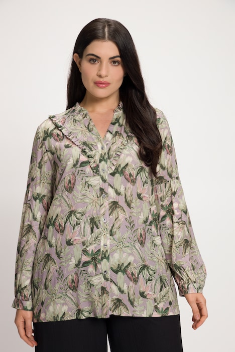 Bluse, Blüten, Stehkragen, Rüsche, Langarm, Krepp