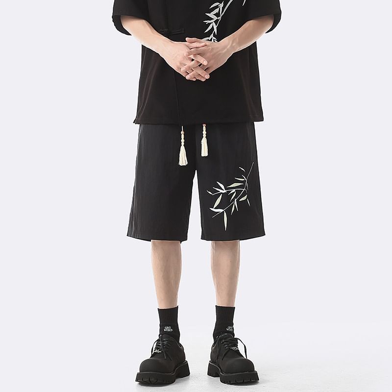 Breeson - Broek met trekkoord en wijde pijpen en bamboeprint