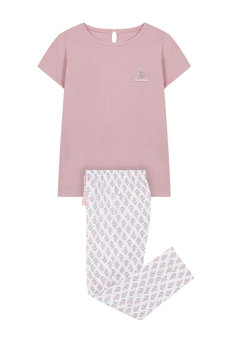 Pijama rosa de manga curta e calça comprida, 100% algodão - rosa