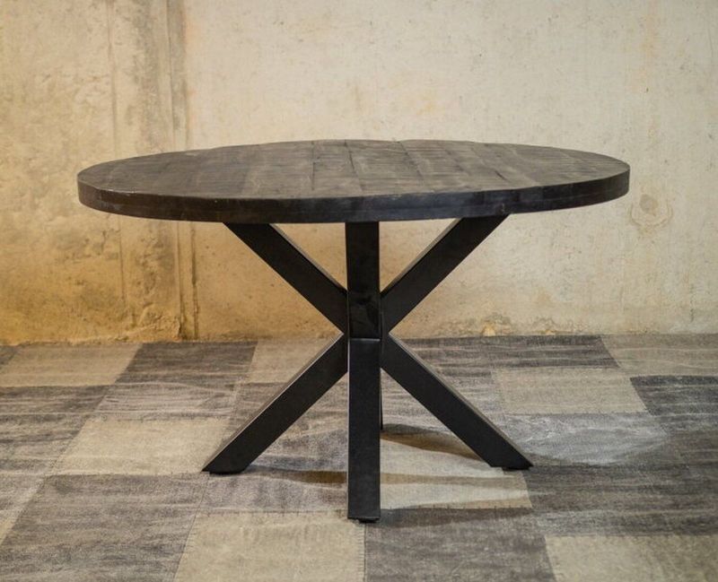 Meubelplaats Ronde Zwarte Mango Eettafel Black Spider 130 cm - Industrieel Design - Massief zwart Mangohout