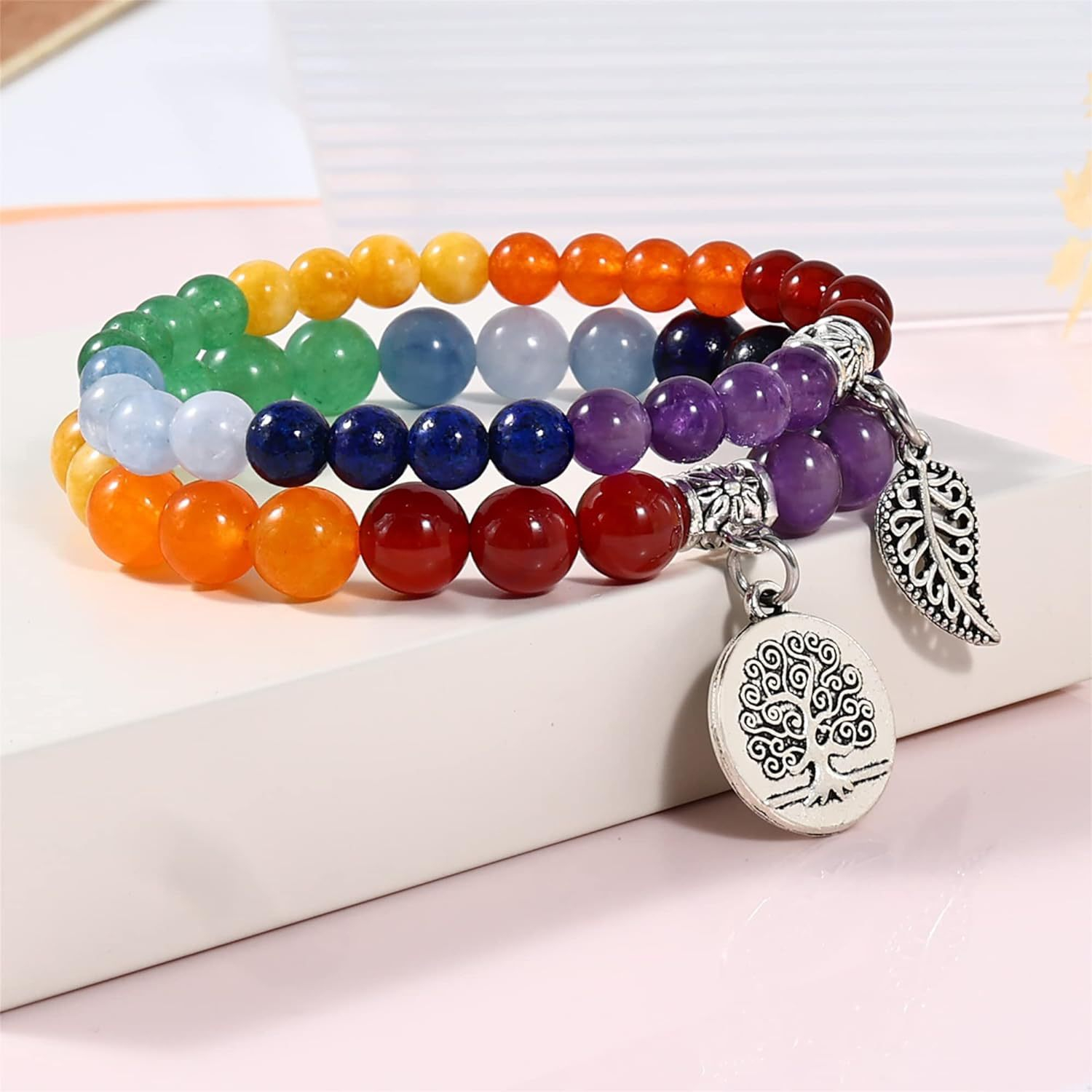 (2er Set) 225-240mm Naturstein Armband Edelstein Armkettchen mit Anhänger - Chakra Steine / Silber