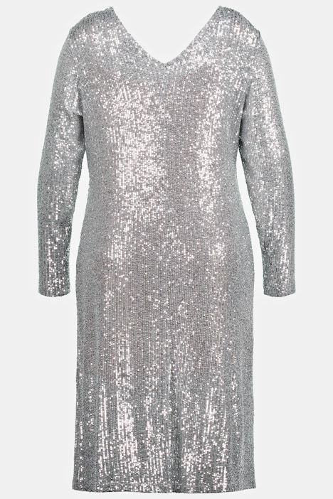 Pailletten-Kleid, drapierte Taille, V-Ausschnitt, Langarm