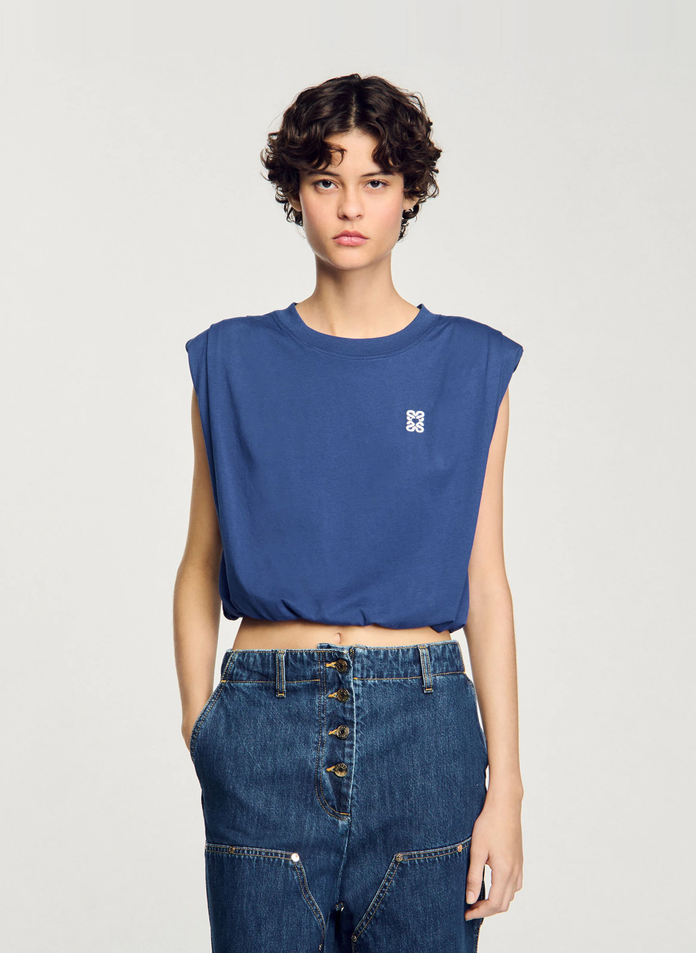 Tee-shirt court drapé en coton | Bleu