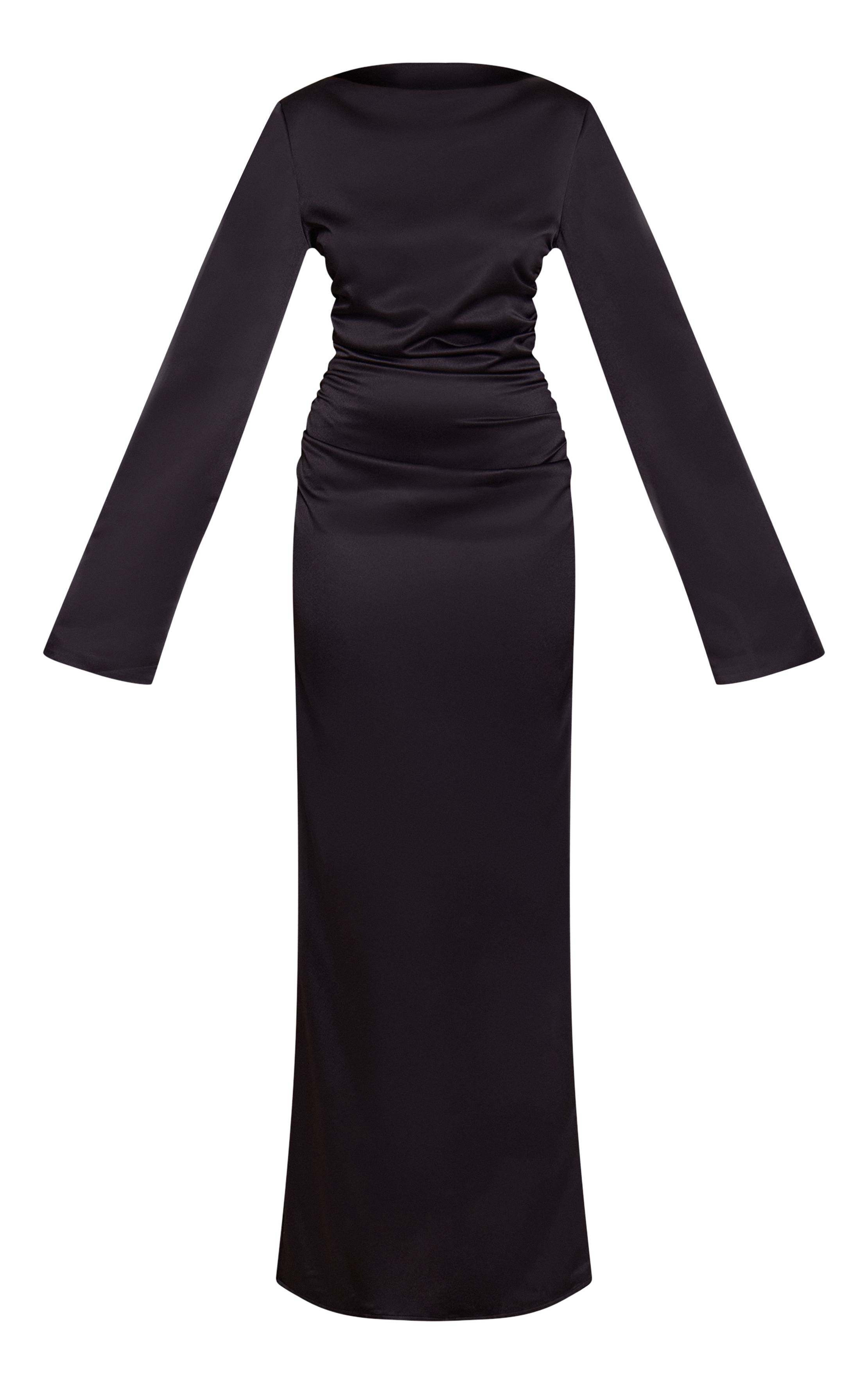 Noir Robe Longue En Satin À Col Montant Et Manches Évasées