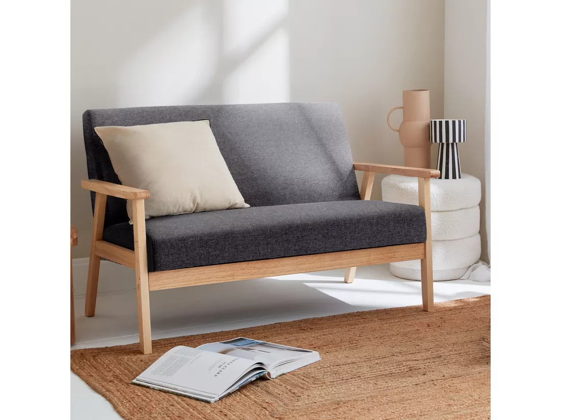Banquette canapé en bois et tissu gris foncé. Isak. L 114 x P 69.5 x H 73cm