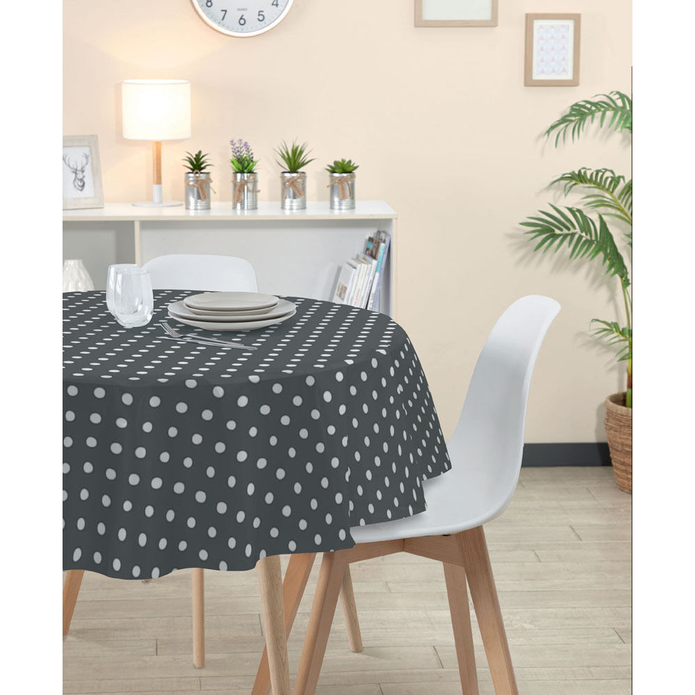 Nappe ronde toile cirée grise à pois blancs