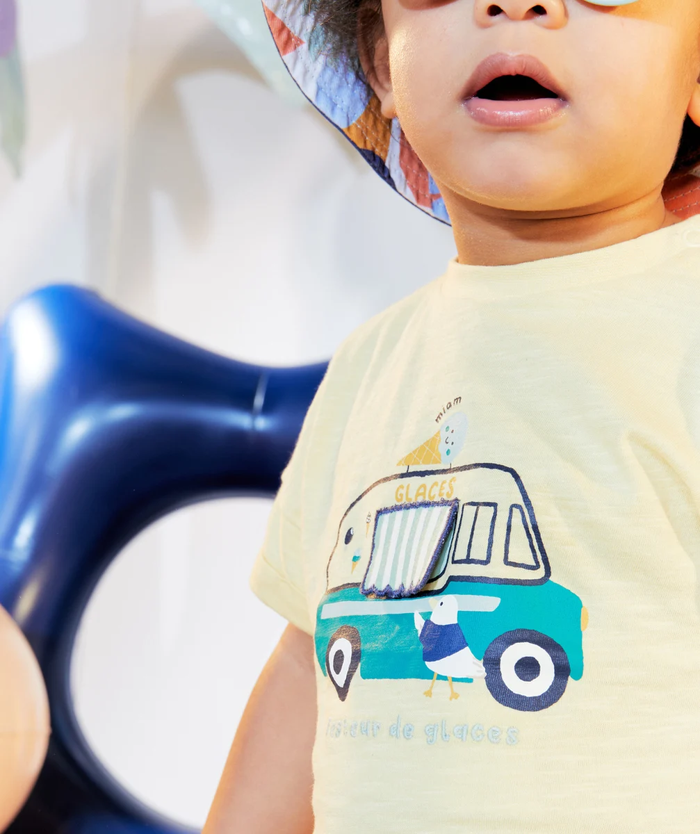 T-SHIRT BÉBÉ GARÇON JAUNE EN COTON BIOLOGIQUE AVEC VOITURE