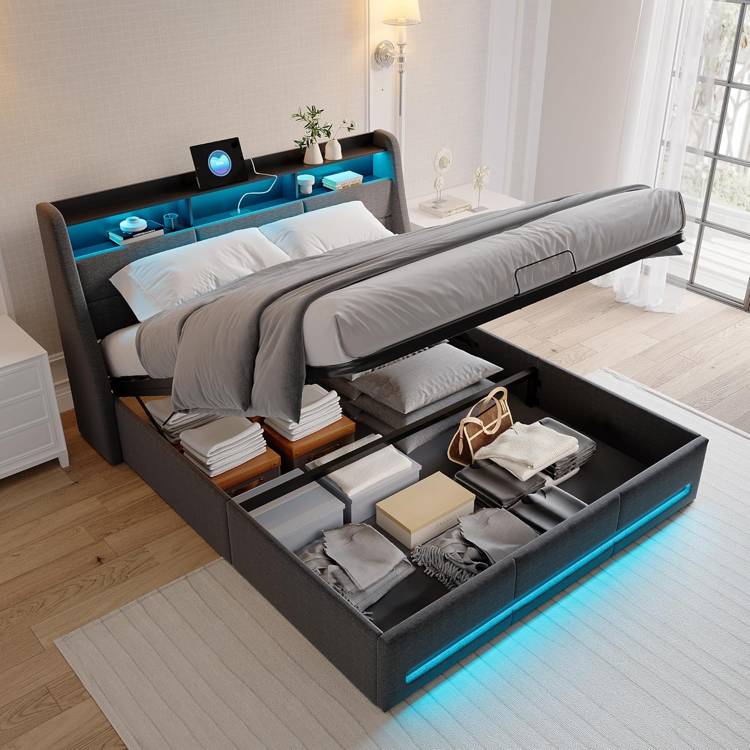 Polsterbett 140x200 cm mit LED-Kopfteil, Doppelbett mit USB und Lattenrost, Hydraulischem Stauraum und Metallrahmen, Jugendbett, Leinenstoff Grau (Ohne Matratze)