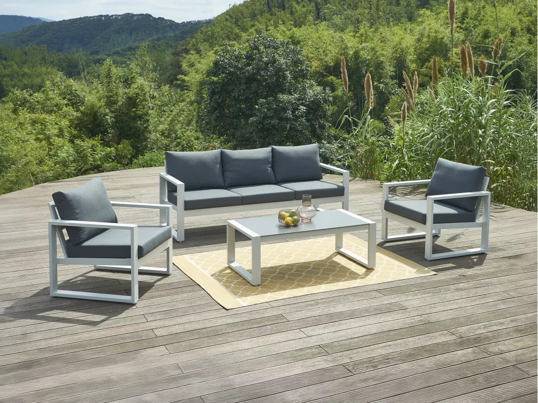 Salon de jardin en aluminium : un canapé 3 places, 2 fauteuils et une table basse - Blanc coussins noirs - JALLY de MYLIA