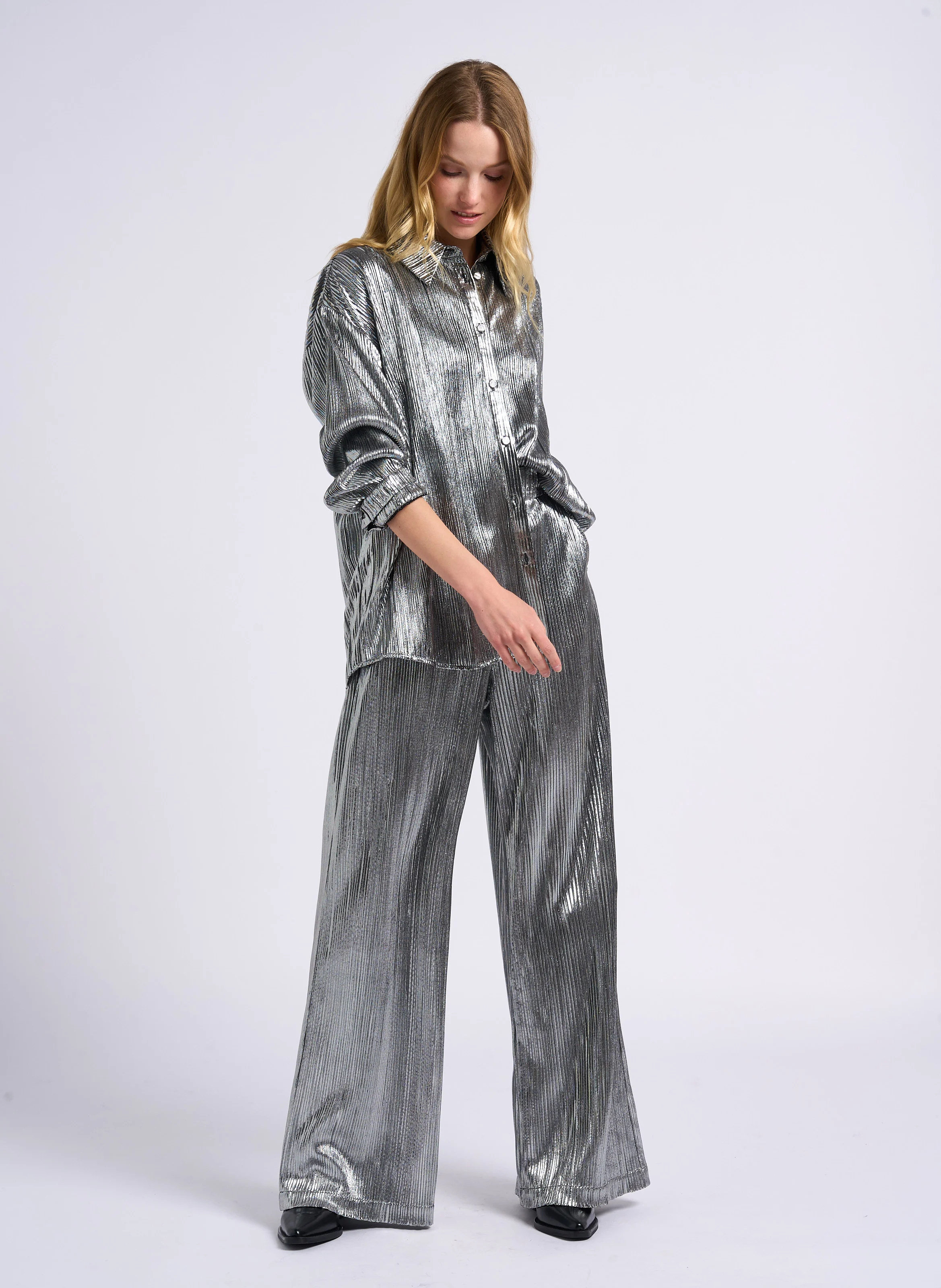 JILL - Pantalon large taille haute plissé | Gris