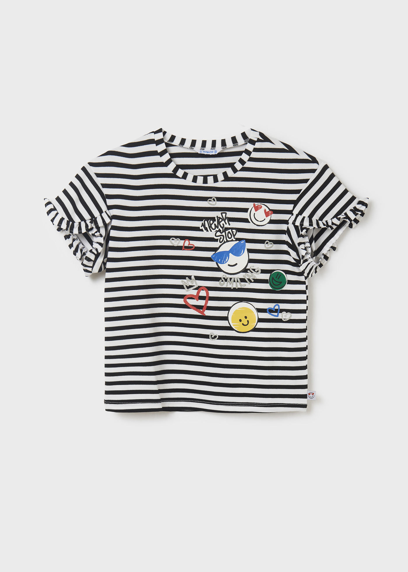 Camiseta listrada de manga curta para meninas com estampa.