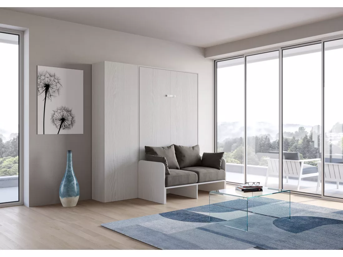 Armoire lit 140x190 avec canapé et colonne de rangement bois blanc Kanto-Couleur Microfibre 04