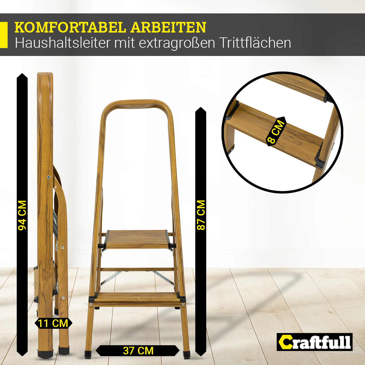 Craftfull Stehleiter CF-133A, Aluminium-Haushaltsleiter, 2-6 Stufen, gummierte Standfüße, bis 150 kg (2 Stufen Holz Edition)