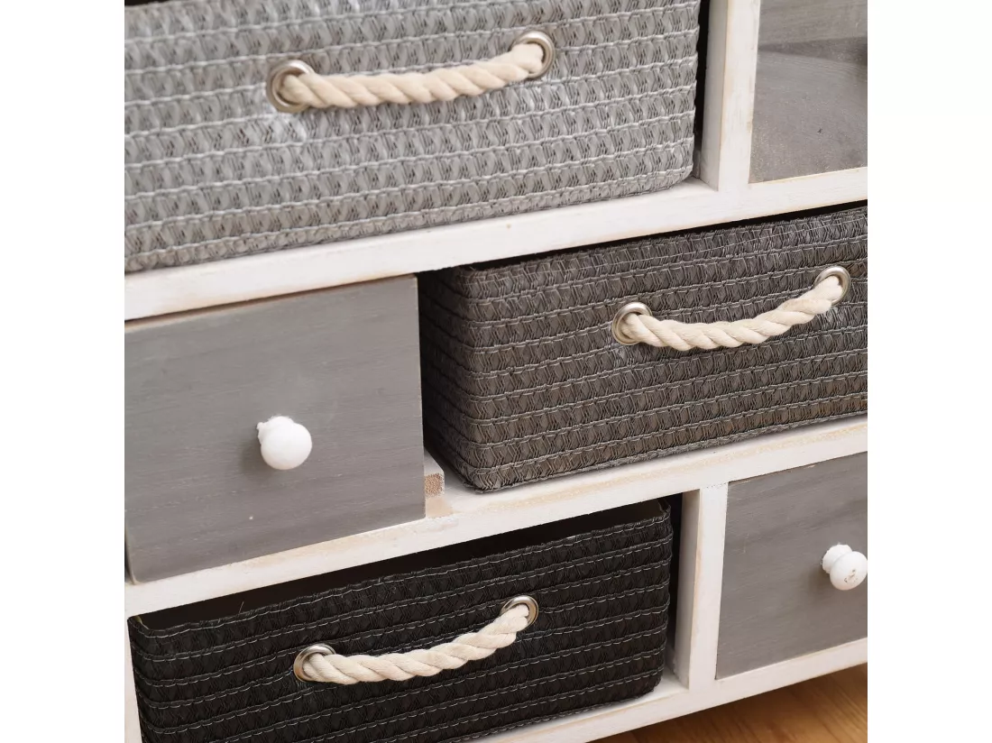 Meuble Commode 6 Tiroir Bois Osier Gris Blanc Rustique 53x56x27