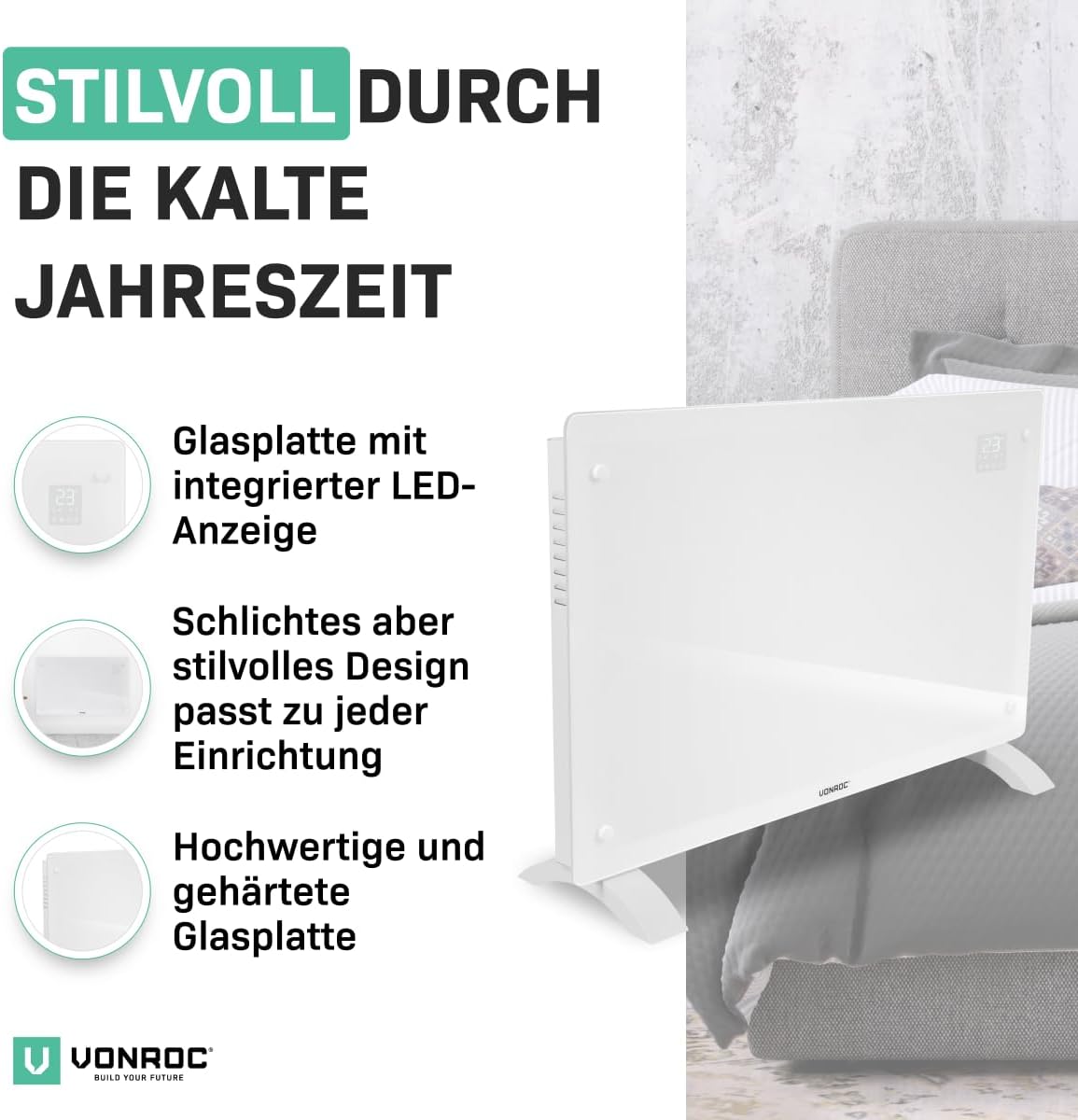 VONROC Elektroheizung energiesparend 2000W - Konvektor Heizung [24qm Räume] - Mobile Elektrische Heizung [App/Touch Steuerung] - Heizkörper 2in1 Wand-/Bodenmontage - Weiss