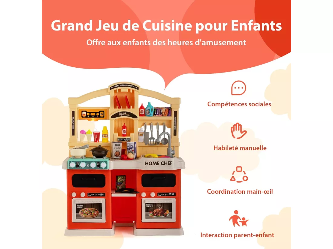 69 Pcs Cuisine Enfants avec Effets de Vapeur & d'Ebullition, Jeux de Cuisine Enfants avec Lumières et Sons Réalistes, Jouet d’Imitation pour Enfants de 3 Ans+, 64,5 x 24 x 83 cm (Orange)