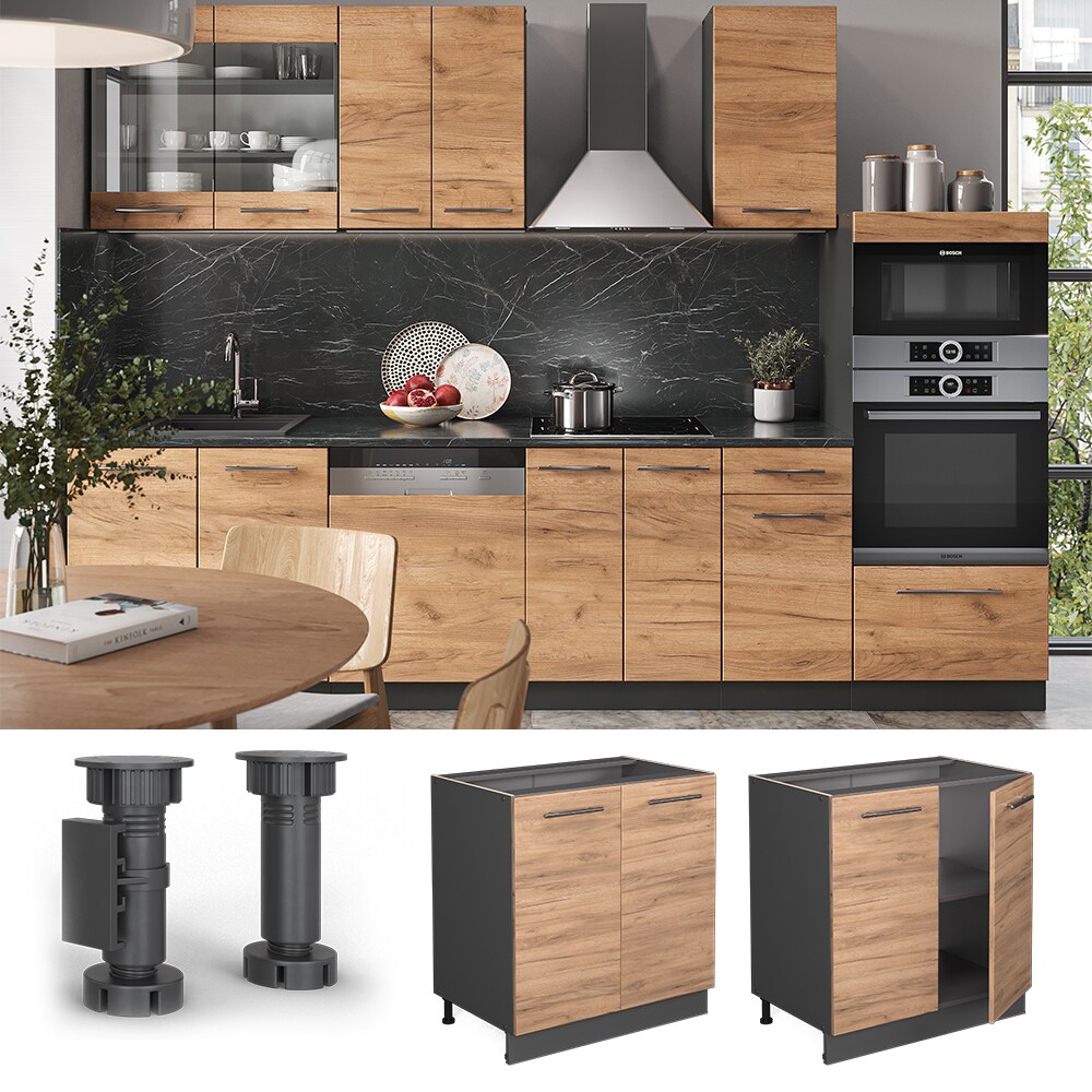Vicco Unterschrank Küchenschrank Küchenmöbel Fame-Line Anthrazit Eiche modern 80 cm Küche Einbauküche Drehtür Einlegeboden Blende Küchenzeile