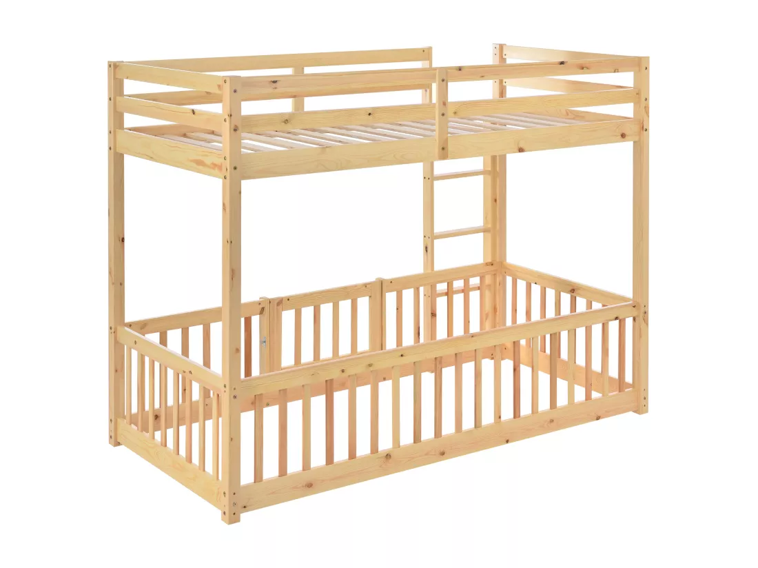 Lit superposé avec escalier rectangulaire, avec clôture et porte, protection contre les chutes et grille, bois massif (200x90cm)
