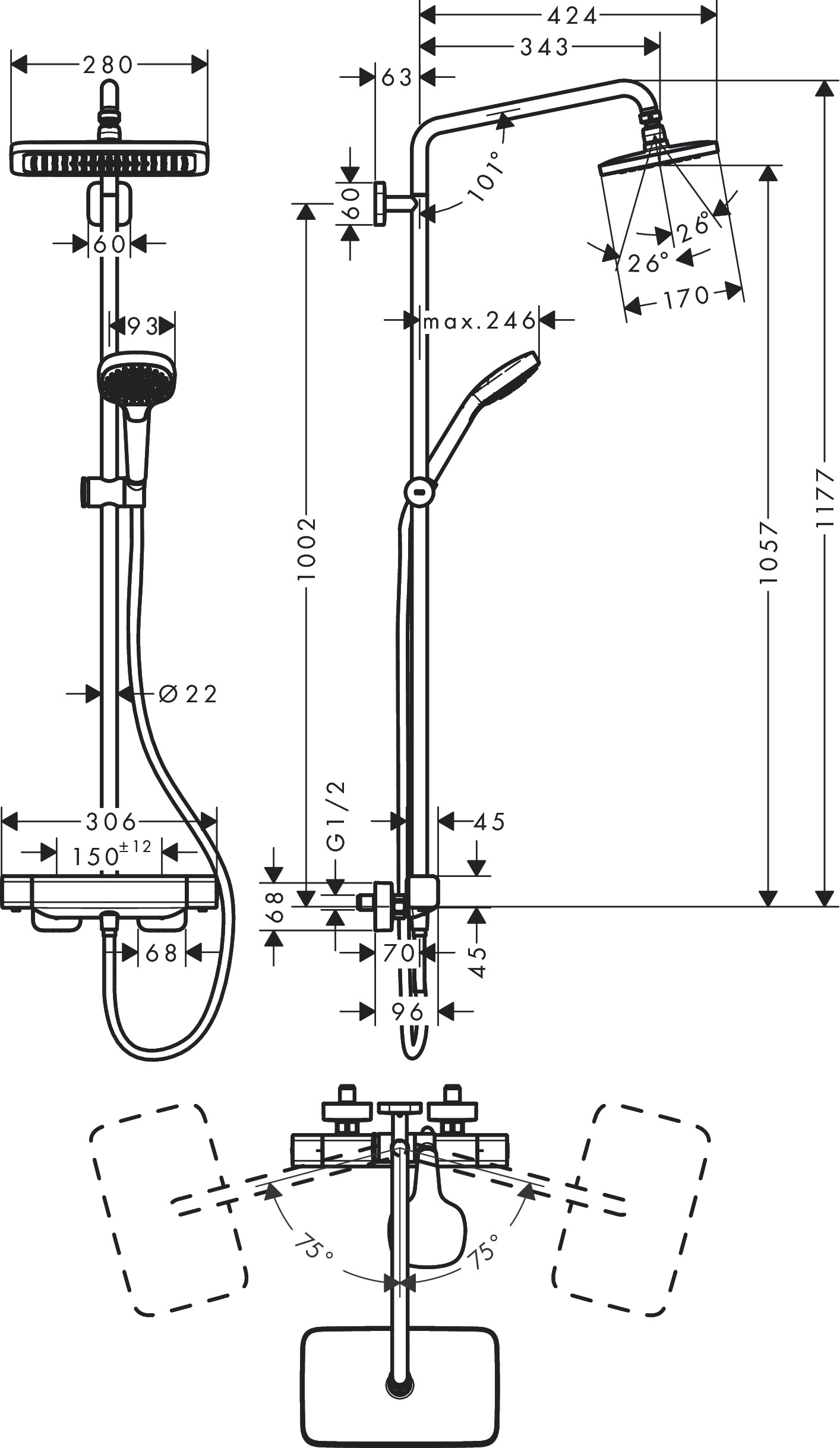 Hansgrohe Croma Select E opbouw regendouche met thermostaat en 28cm hoofddouche chroom