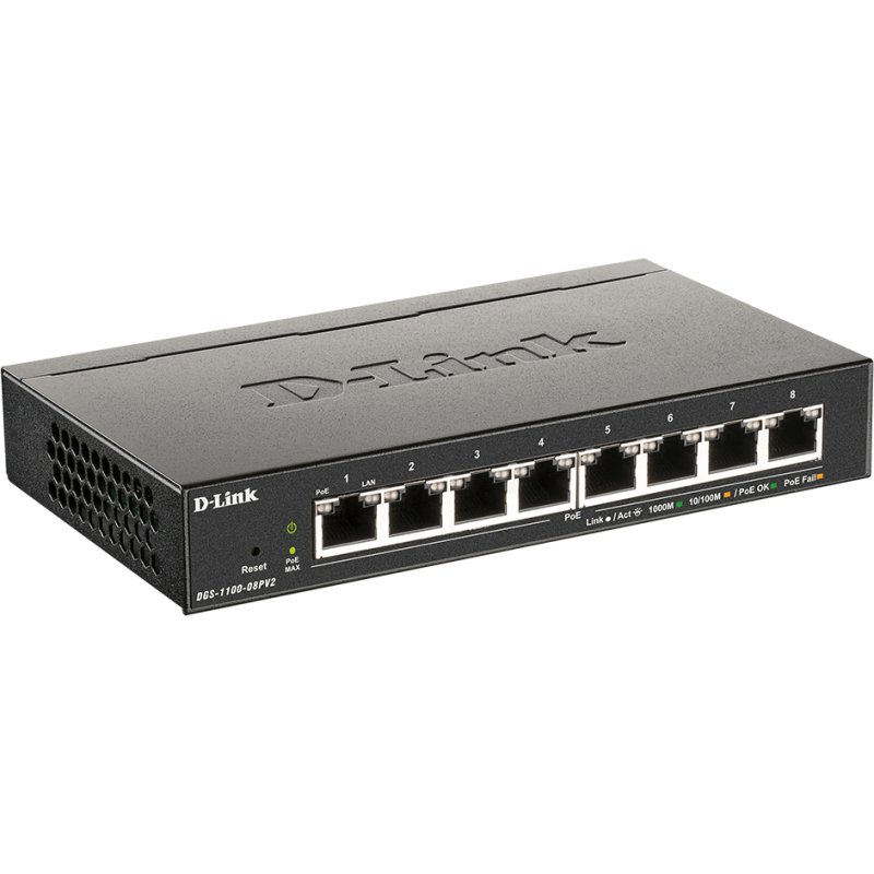 D-Link DGS-1100-08PV2 Géré L2/L3 Gigabit Ethernet (10/100/1000) Connexion Ethernet, supportant l'alimentation via ce port (PoE) Noir