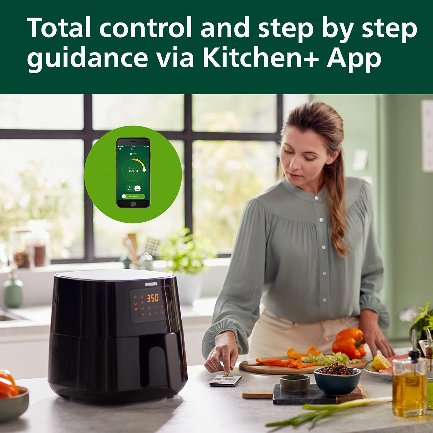 Fritadeira sem óleo digital PHILIPS Essential Connected XL com capacidade de 6,2 L (2,65 lb), tecnologia Rapid Air, conexão Wi-Fi (aplicativo Kitchen+), compatível com Alexa, preta - HD9280/91, compacta.