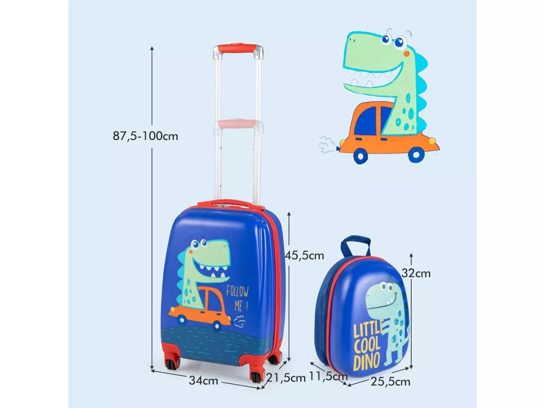 Lot de 2 Valise Cabine Enfant 18”+ Sac à Dos 12,5”, Poignée Rétractable 88-100cm
