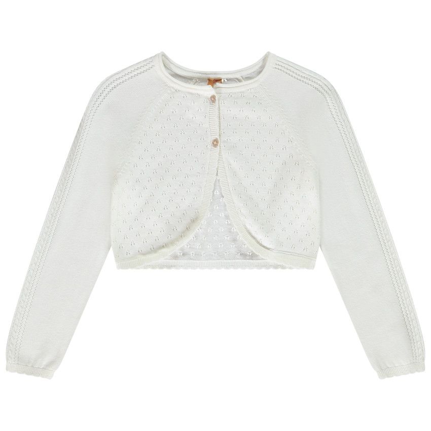 Gilet boléro en tricot ajouré pour fille - Ecru