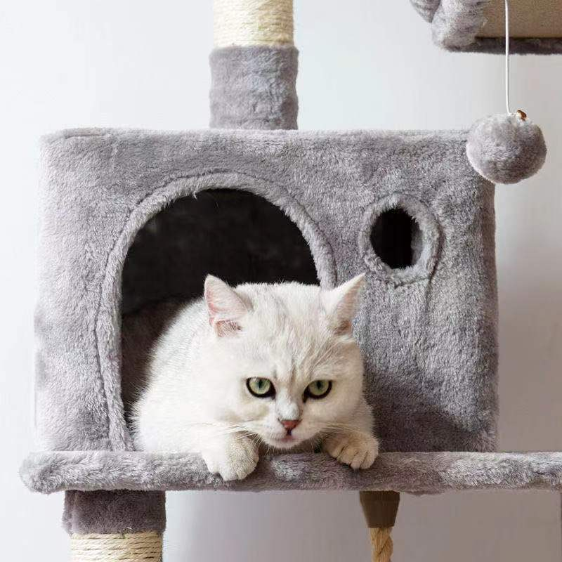 (145cm) Katzen Baum Sisal Kratzsäulen mit Häuschen / Hängematte / Aussichts Plattform - Grau
