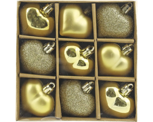 Kerstboomversiering, hartjes, kunststof, 4,5 cm, set van 9, goud