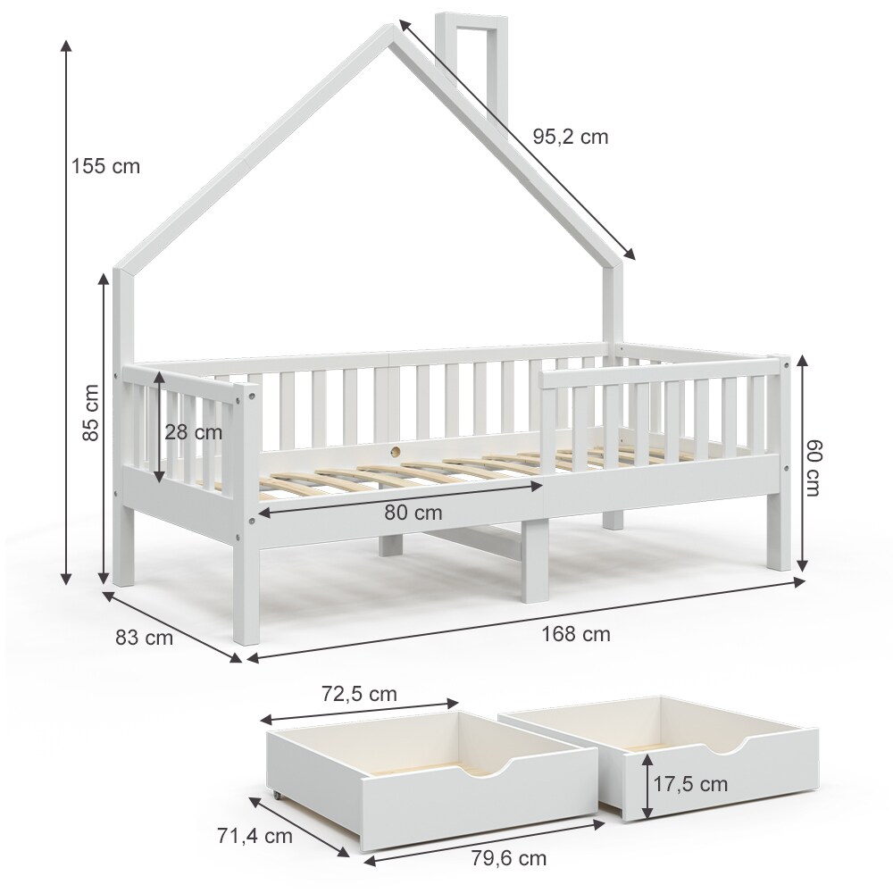 VitaliSpa Hausbett Kinderbett Spielbett Noemi 80x160cm Schubladen Rausfallschutz