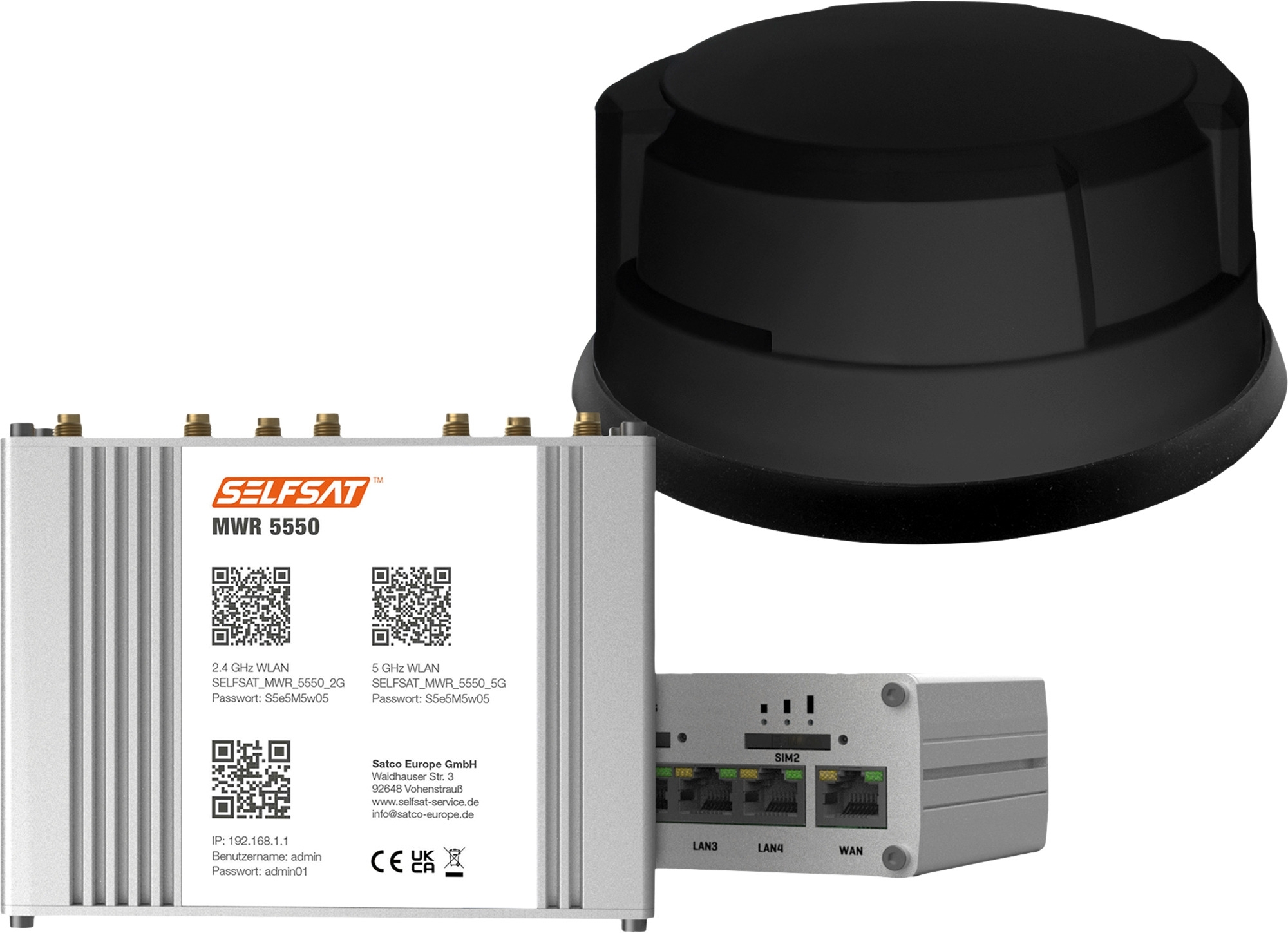Selfsat Mobiler 5G/4G LTE Router MWR 5550 mit WLAN und GPS inkl. 5G Dachantenne schwarz