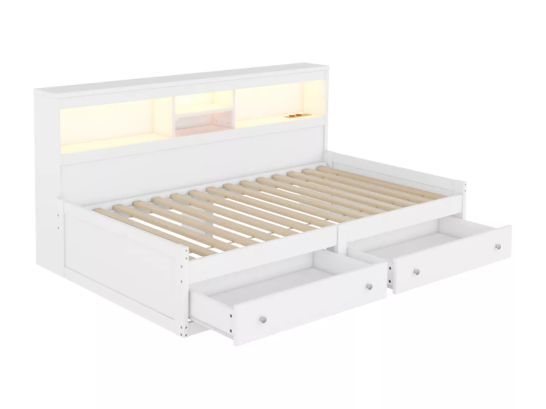 Lit banquette 90x200cm - avec prise USB & 2 tiroirs - sommier à lattes - Blanc