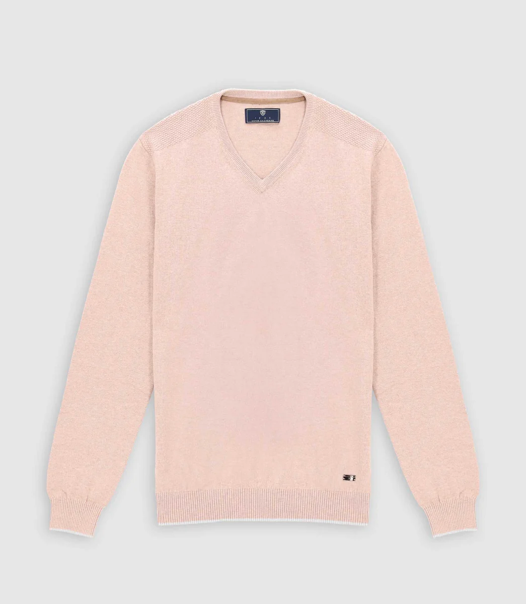 Pull col v rayé beige rose