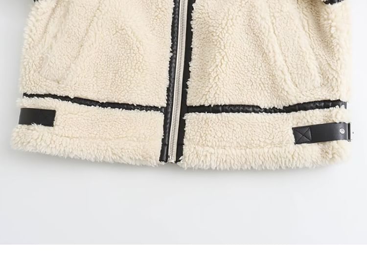 SugaYuja - Fleece jack met kraag, imitatieleren paneel en contrasterende bies