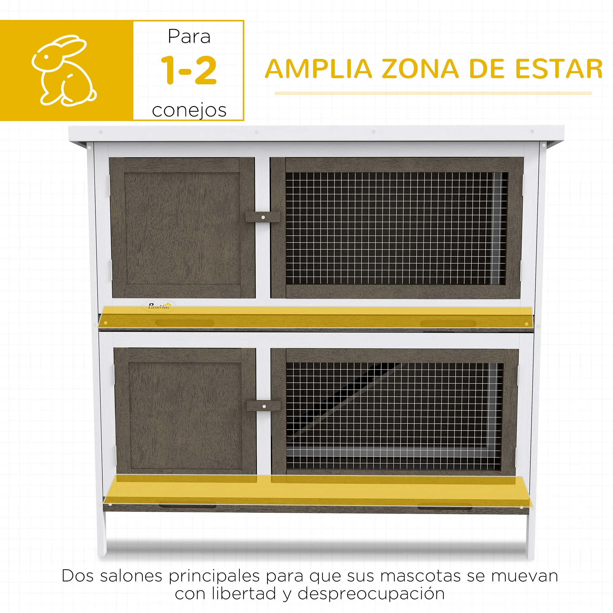 Gaiola de madeira PawHut para coelhos, com 2 andares, 97x44x91 cm, telhado de asfalto, portas com trava, bandejas removíveis e rampa para 2 coelhos, marrom.