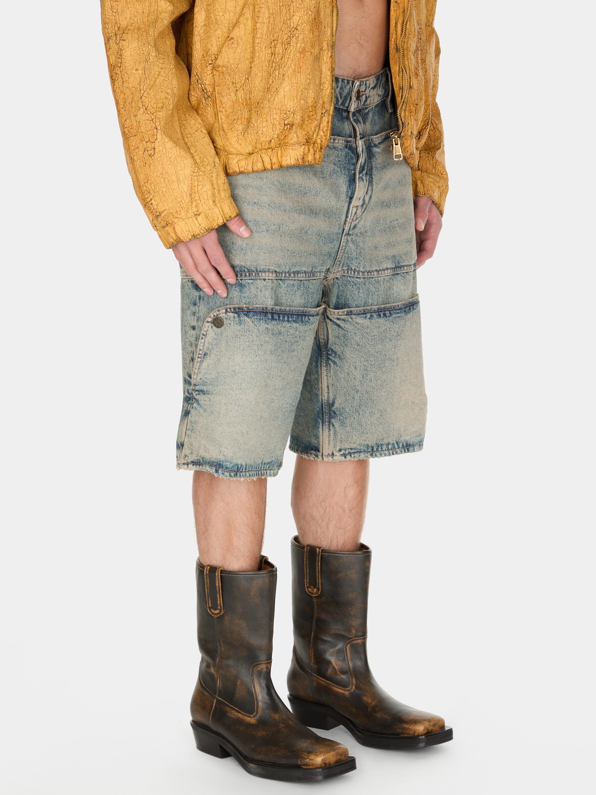 shorts utilitários de denim lavado