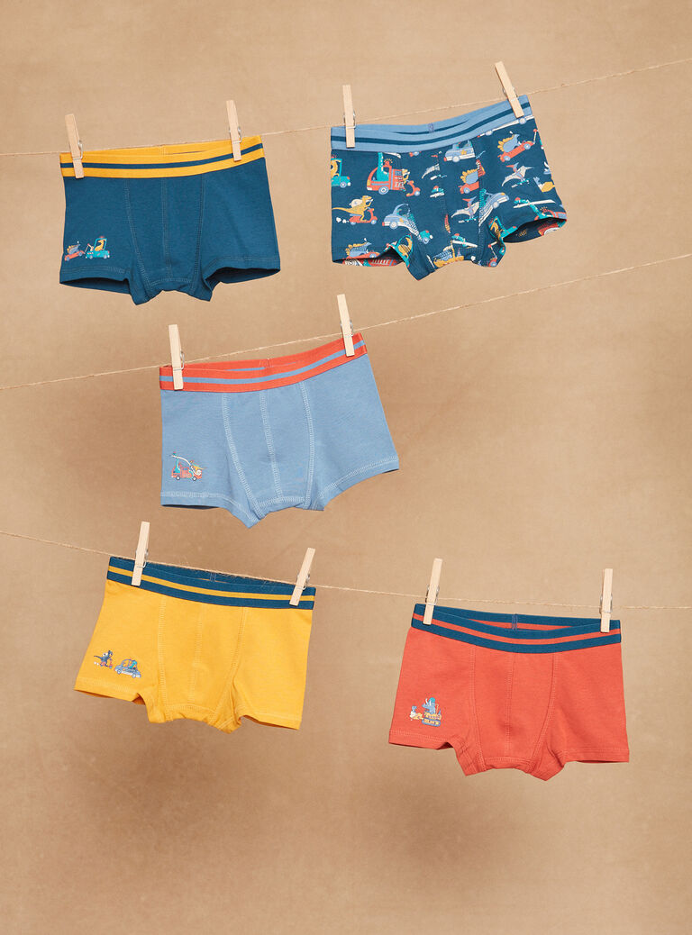 5 boxers bleu, jaune et rouge à imprimé et motif dinoaures
