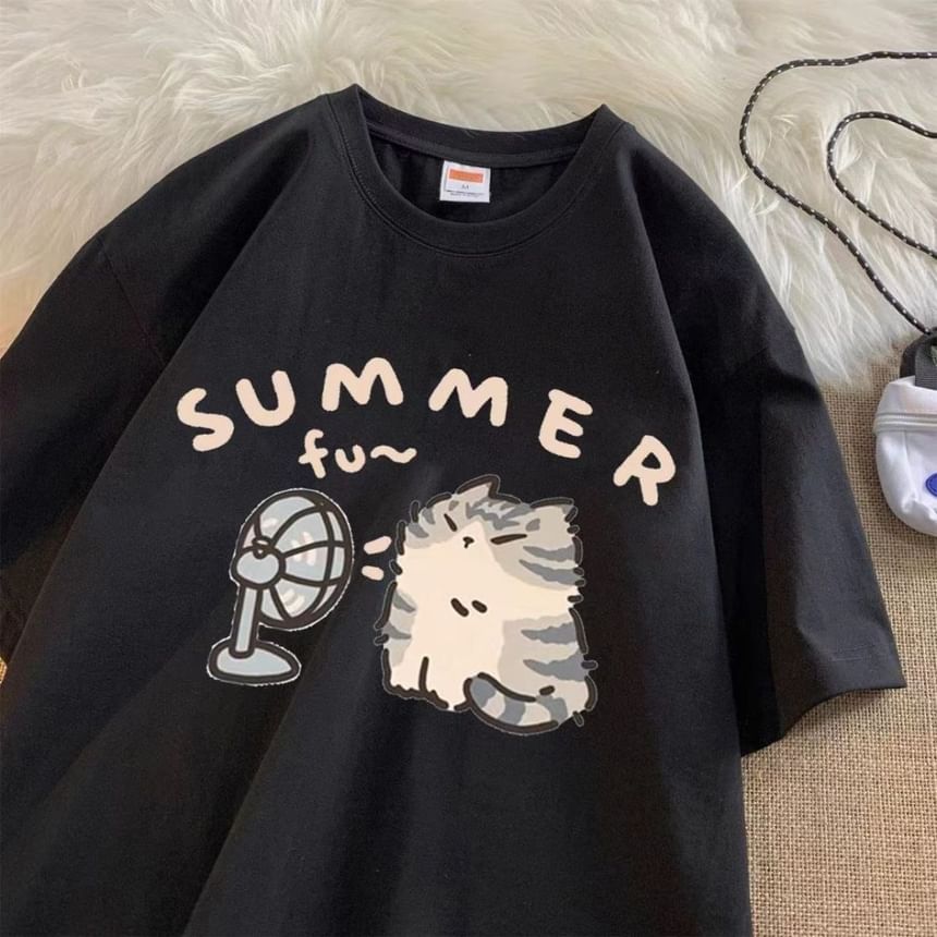 Bolgivy - T-shirt met korte mouwen en kattenprint, losvallend