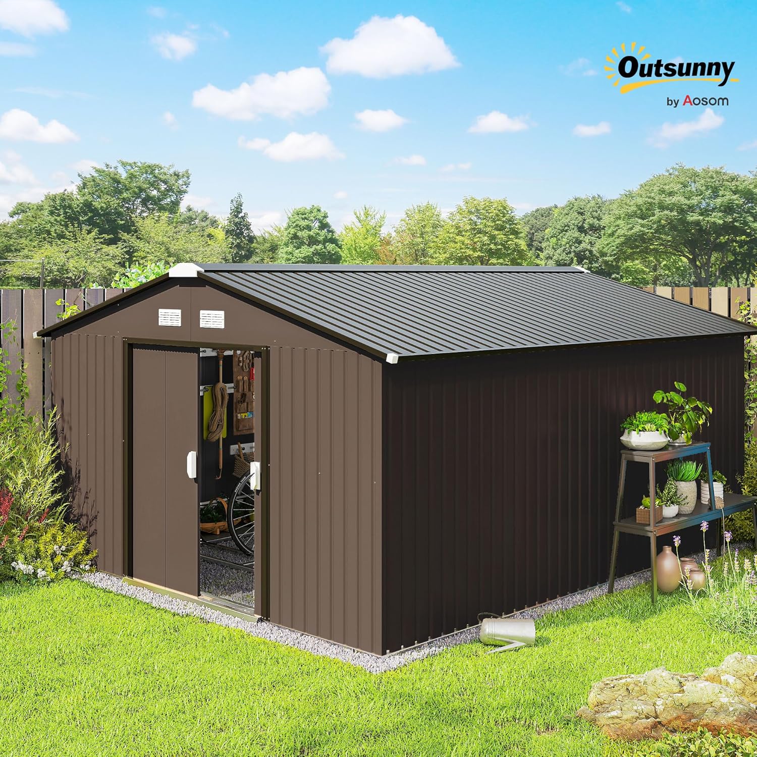 Outsunny Gerätehaus 12,4 m², Gartenhaus mit Satteldach, Schiebetür, Fundament, 386 x 340 x 200 cm, Geräteschuppen aus Verzinkter Stahl, wetterfest, für Garten, Braun