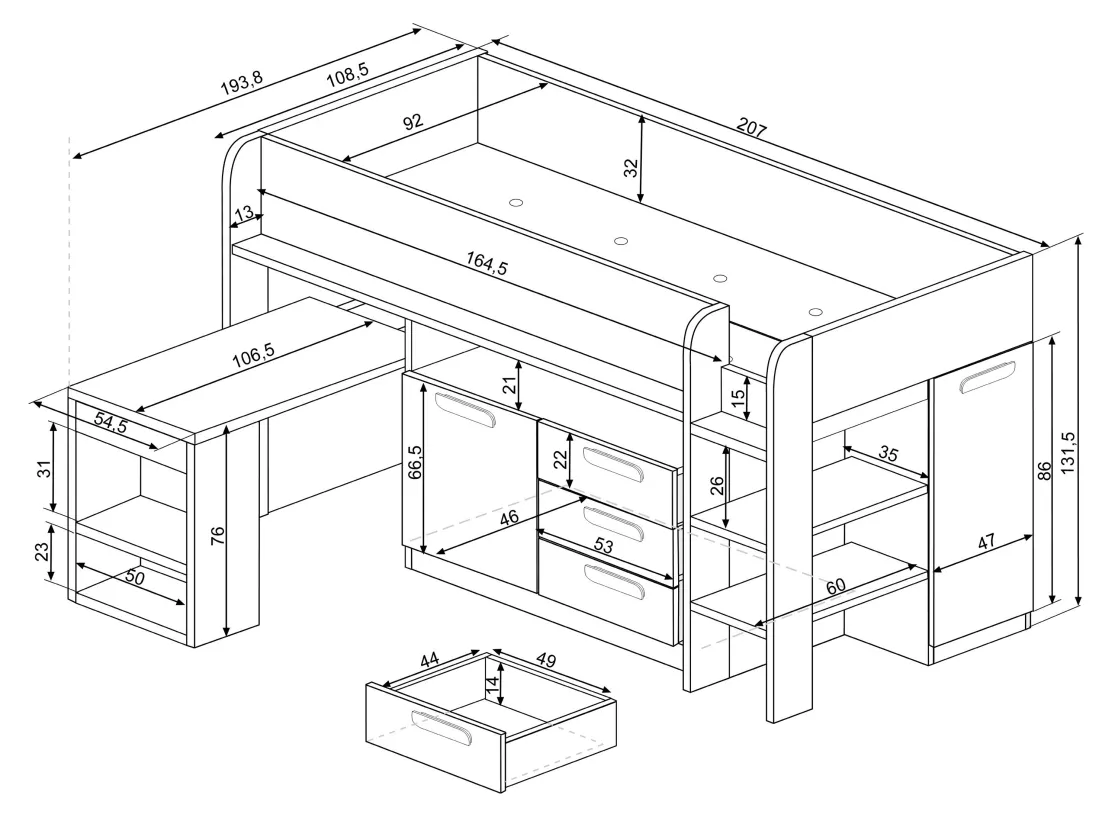 Lit combiné 90 x 200 cm - Avec bureau et rangements - Rose, naturel et blanc + Matelas - LOUKALA