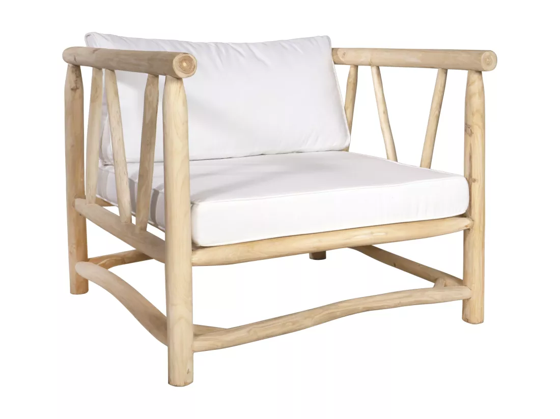 Fauteuil de jardin en teck avec accoudoirs et coussins - Naturel clair et blanc - TULUM de MYLIA