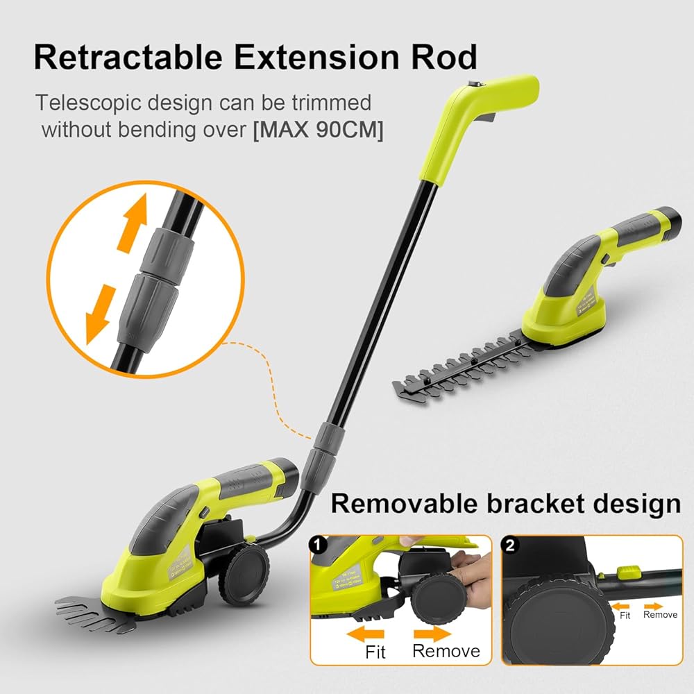 DEWINNER Coupe Bordure sans Fil 7.2V, 2 en 1 Cisailles à Gazon, Légère Tondeuse à Gazon, Batterie 1500mAh, Manche Long Télescopique Détachable, pour Couper Gazon/Buisson/Haie : Jardin