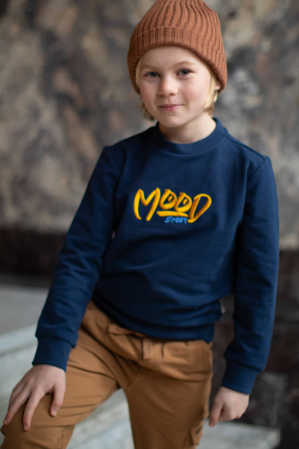 Moodstreet gebreide sweater Sev met printopdruk donkerblauw
