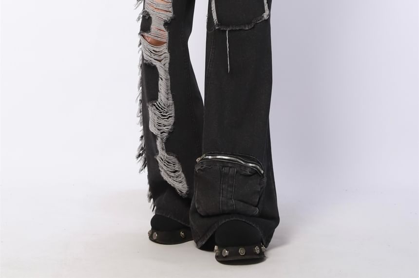 AXEN - Mid Rise Washed Ripped Flared Cargo Jeans