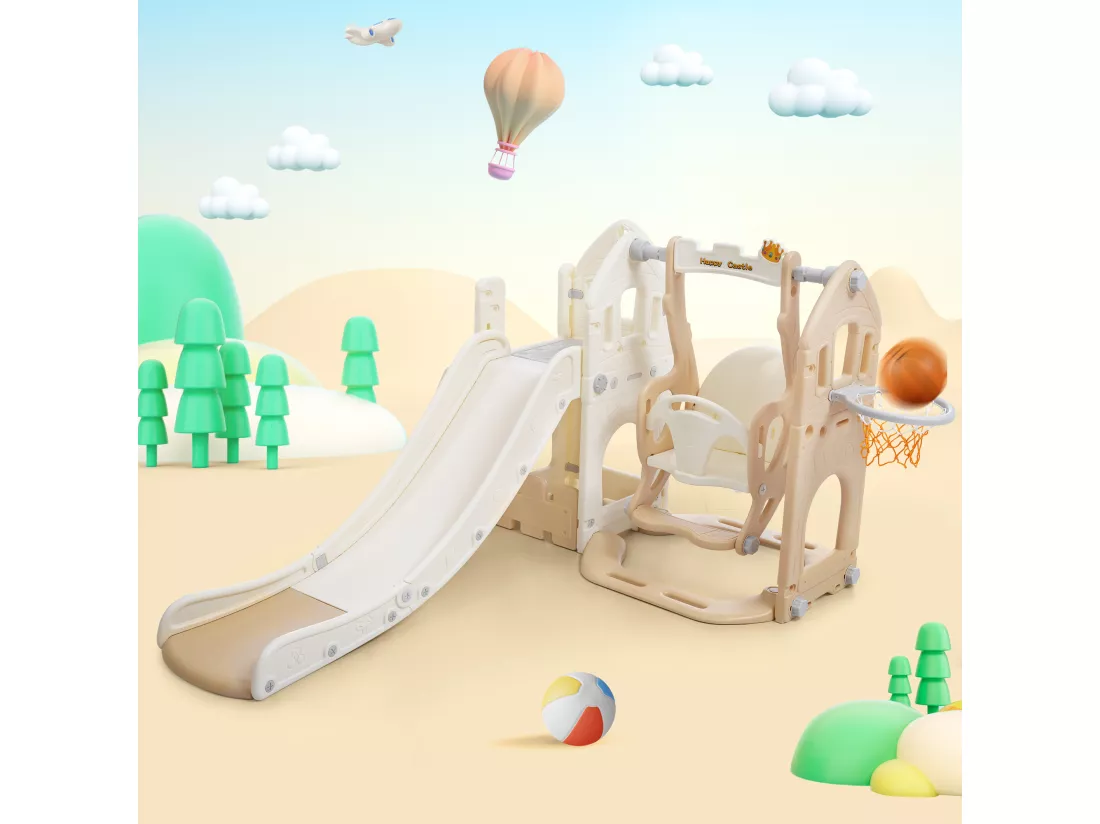 Ensemble de toboggan 5 en 1 pour enfants - 179 x 184 x 103cm - en HDPE - avec balançoire et espace de rangement - blanc
